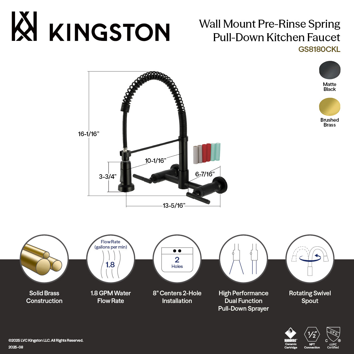 Kingston Sona GS8187CKL - Kaiser Double-Handle 2-Hole Wall-Mount Pre-Rinse Bridge Kitchen Faucet, Brushed Brass — thumbnail 2